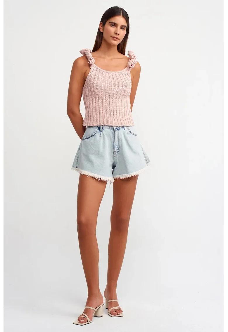 Top tricotat,  fara maneci, decolteu rotund, roz, jerseu,