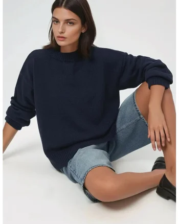 Pulover de dama  guler rotund, confortabil, albastru, tricot