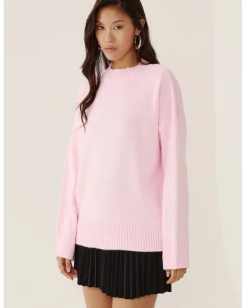 Pulover dama  guler rotund, confortabil, roz, tricot