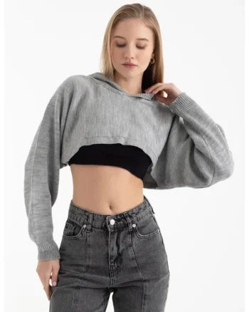 Pulover scurt cu gluga,  gri, tricot
