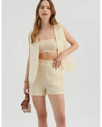 Pantaloni scurti dama,  cu talie inalta, dungi, maro, textil