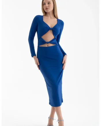 Rochie midi,  maneca lunga, decolteu rotund, albastra, textil