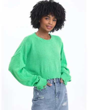 Pulover dama  scurt, cu guler rotund, rupt, tricot, Verde lime,