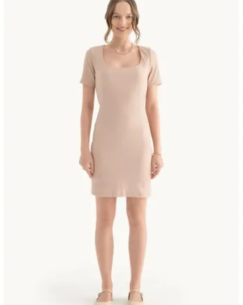 Rochie mini,  decolteu patrat, maneca scurta, bej, textil