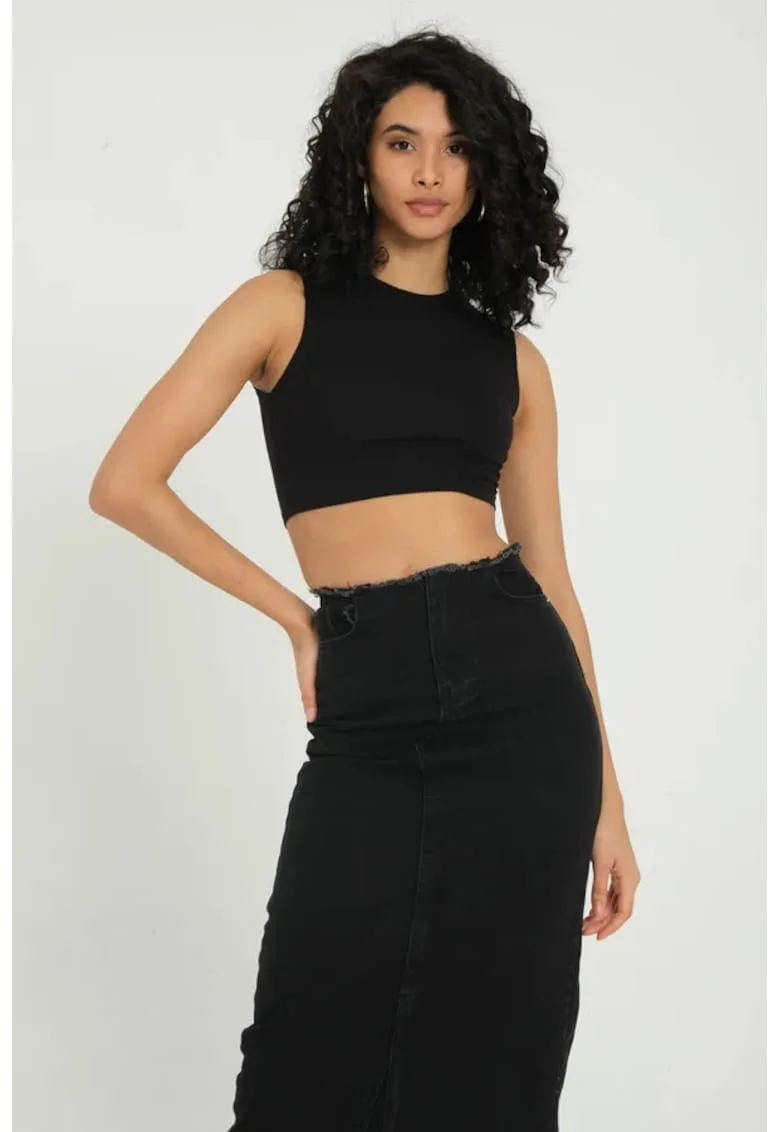 Tricou dama,  crop basic, guler rotund, negru, textil