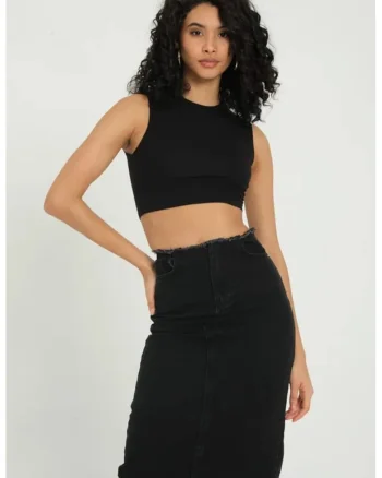Tricou dama,  crop basic, guler rotund, negru, textil