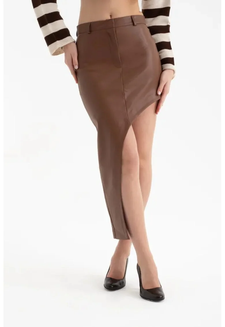 Fusta maxi dama,  piele ecologica, talie inalta, maro