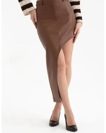 Fusta maxi dama,  piele ecologica, talie inalta, maro