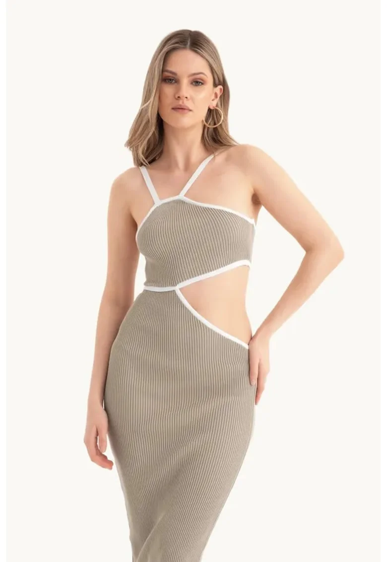 Rochie midi,  un umar, decupaj lateral, bej, tricot