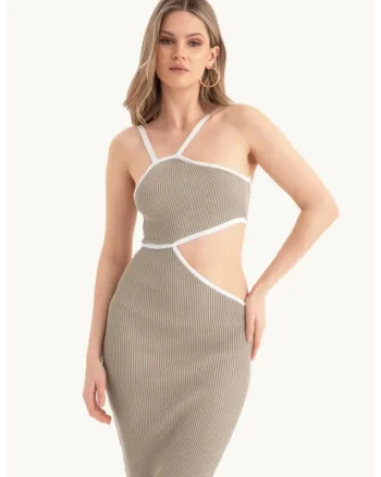 Rochie midi,  un umar, decupaj lateral, bej, tricot