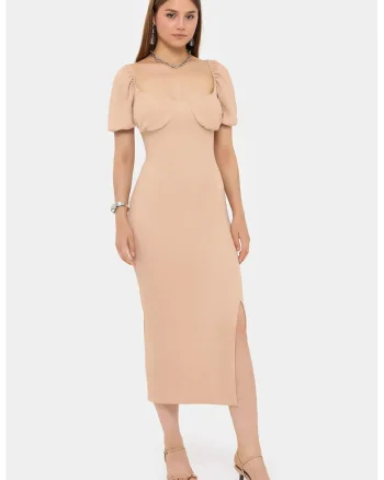 Rochie midi,  decolteu in forma de inima, maneci bufante, bej, textil