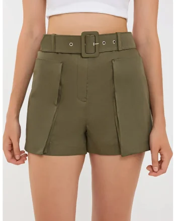 Pantaloni scurti,  bumbac, talie inalta, verde