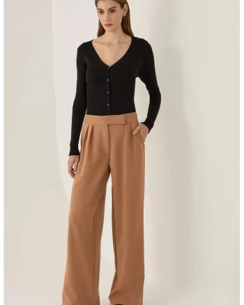 Pantaloni dama,  cu talie inalta, maro, poliester-elastan, Maro