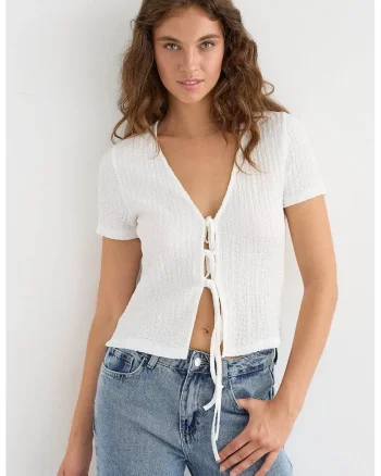 Bluza dama,  maneca scurta, detalii de legat, alb, poliester si elastan