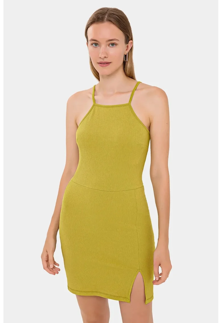 Rochie mini,  Fara maneci, Decolteu halter, Verde, Elastan/Poliester