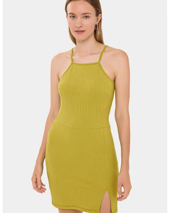 Rochie mini,  Fara maneci, Decolteu halter, Verde, Elastan/Poliester