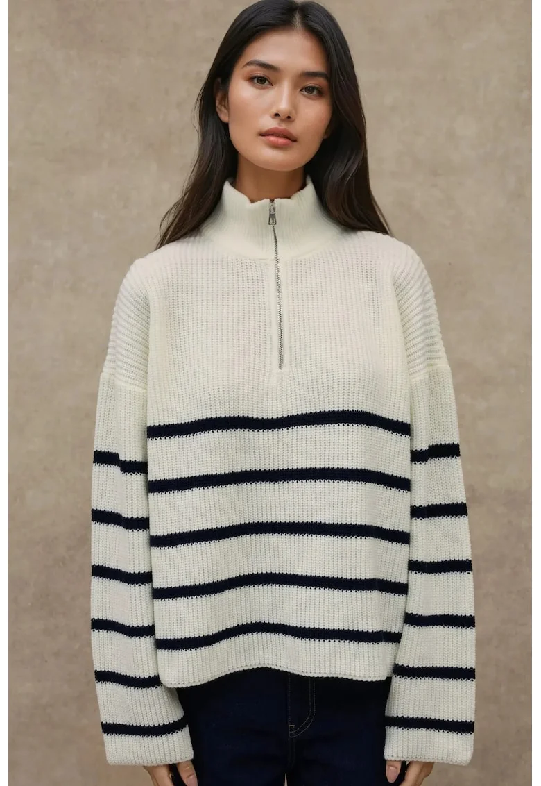 Pulover dama  cu guler cu fermoar, maneca lunga, dungi, alb negru, tricot