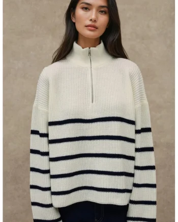 Pulover dama  cu guler cu fermoar, maneca lunga, dungi, alb negru, tricot