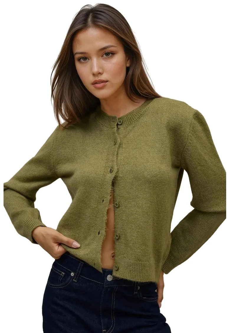 Cardigan dama,  tricotat cu guler rotund, slim fit, verde, tricot