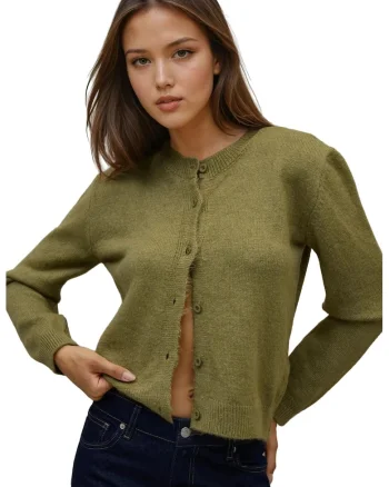 Cardigan dama,  tricotat cu guler rotund, slim fit, verde, tricot