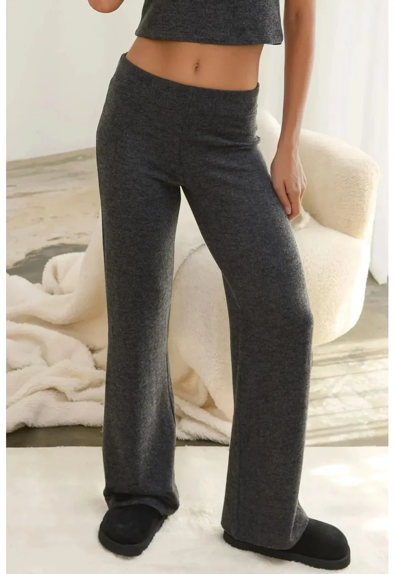 Pantaloni dama,  tricotati, talie inalta, gri inchis, material moale