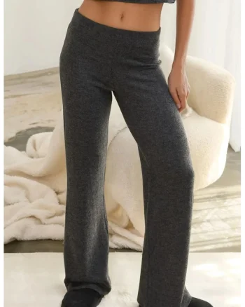 Pantaloni dama,  tricotati, talie inalta, gri inchis, material moale