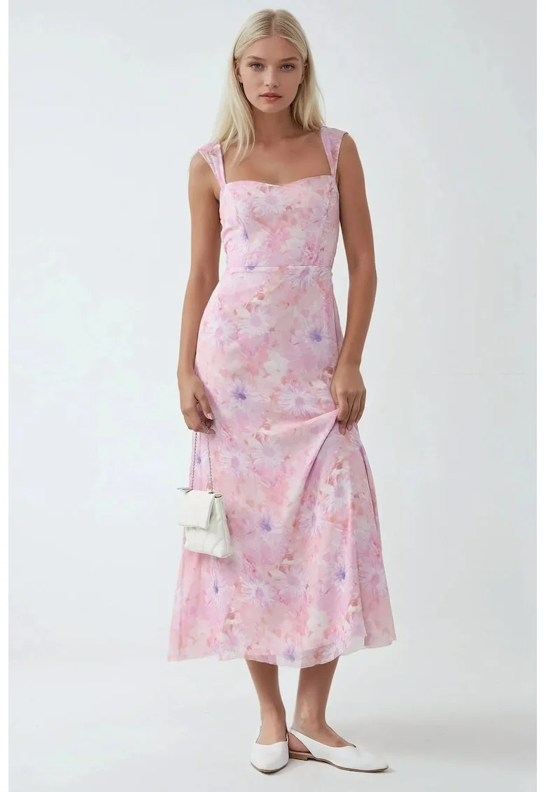 Rochie maxi,  florala, guler in forma de inima, roz aprins, textil