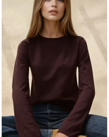 Pulover dama  basic, guler rotund, visiniu inchis, tricot