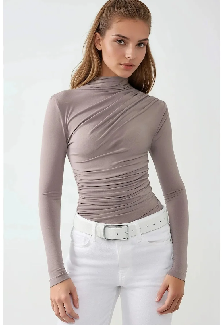 Bluza dama,  guler inalt, poliester/elastan, maro