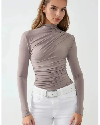 Bluza dama,  guler inalt, poliester/elastan, maro