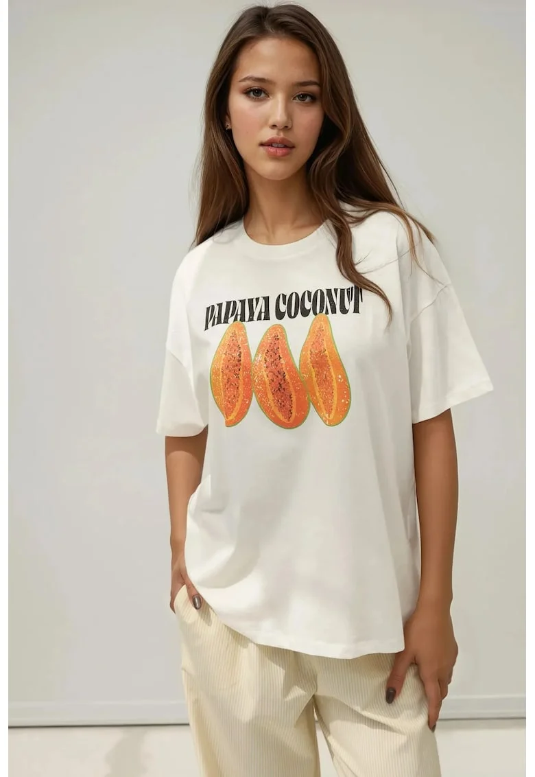 Tricou dama  bumbac 100%, supradimensionat, portocaliu/alb