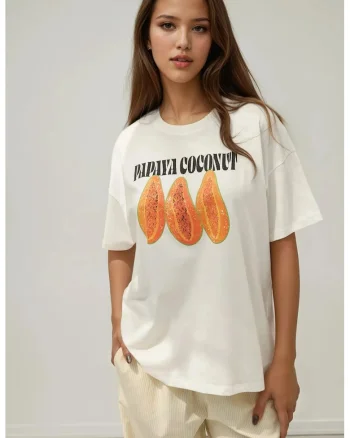 Tricou dama  bumbac 100%, supradimensionat, portocaliu/alb