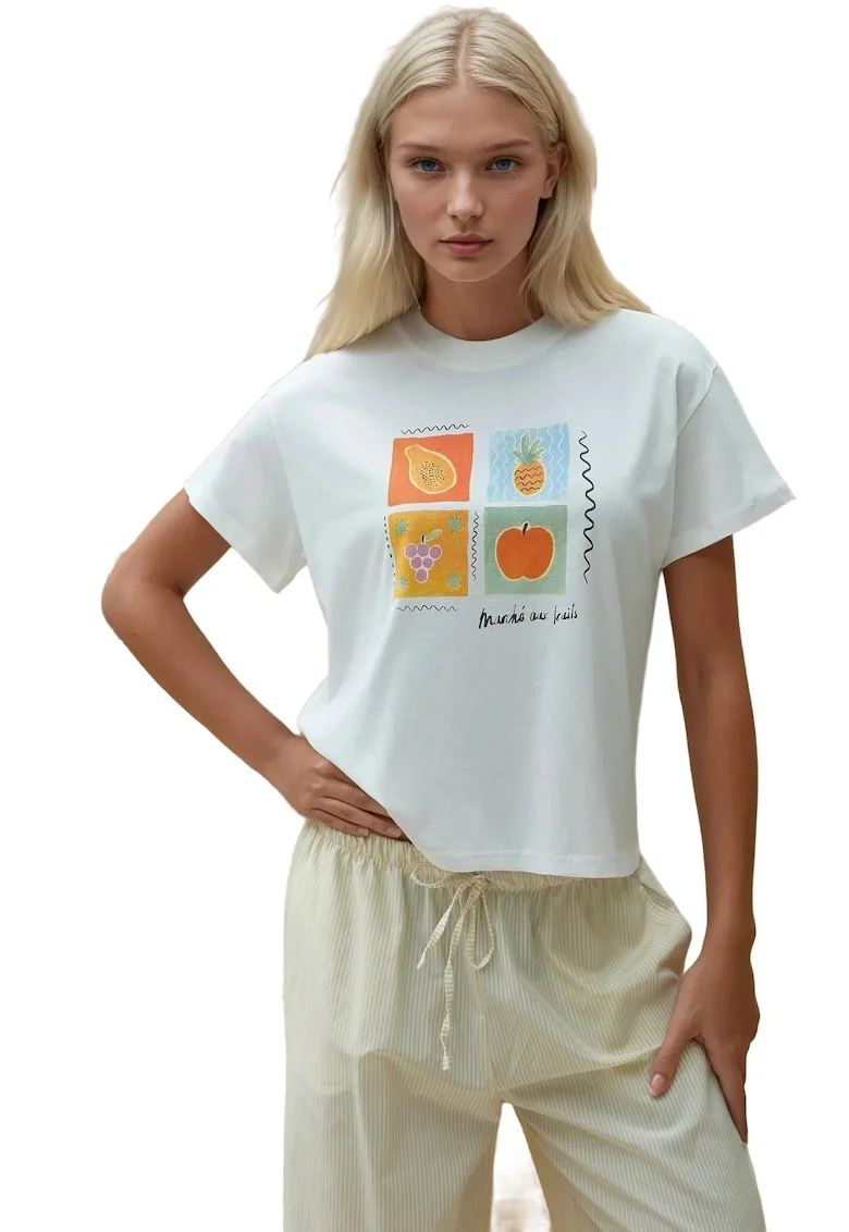Tricou dama  imprimeu, croiala regulata, maneca scurta, multicolor, bumbac