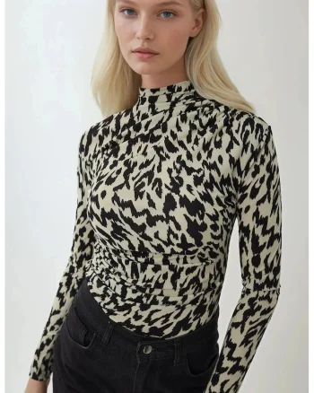 Bluza dama,  maneca lunga, jerseu, bej/negru