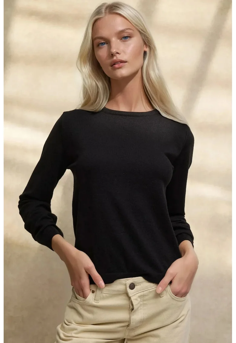 Pulover dama,  basic, guler rotund, negru, tricot