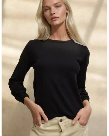 Pulover dama,  basic, guler rotund, negru, tricot