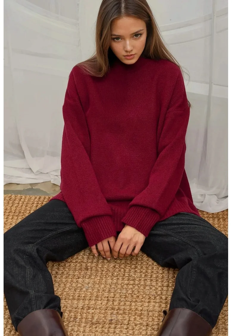 Pulover dama,  tricotat, guler rotund, tricot, Rosu Burgund,