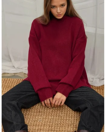 Pulover dama,  tricotat, guler rotund, tricot, Rosu Burgund,