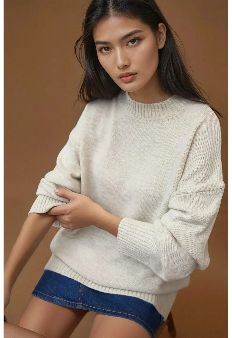 Pulover dama,  lung tricotat, guler rotund, alb natural, tricot