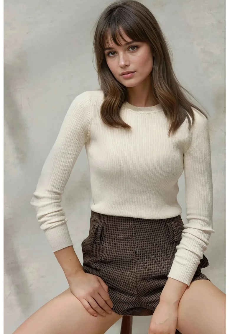 Pulover dama,  alb, tricot, guler rotund