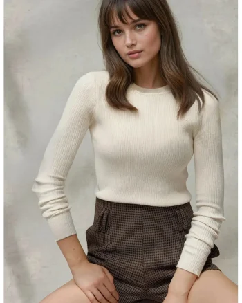 Pulover dama,  alb, tricot, guler rotund