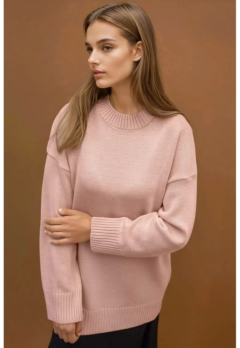 Pulover dama,  lung tricotat gros, guler rotund, roz, tricot