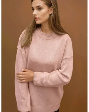 Pulover dama,  lung tricotat gros, guler rotund, roz, tricot
