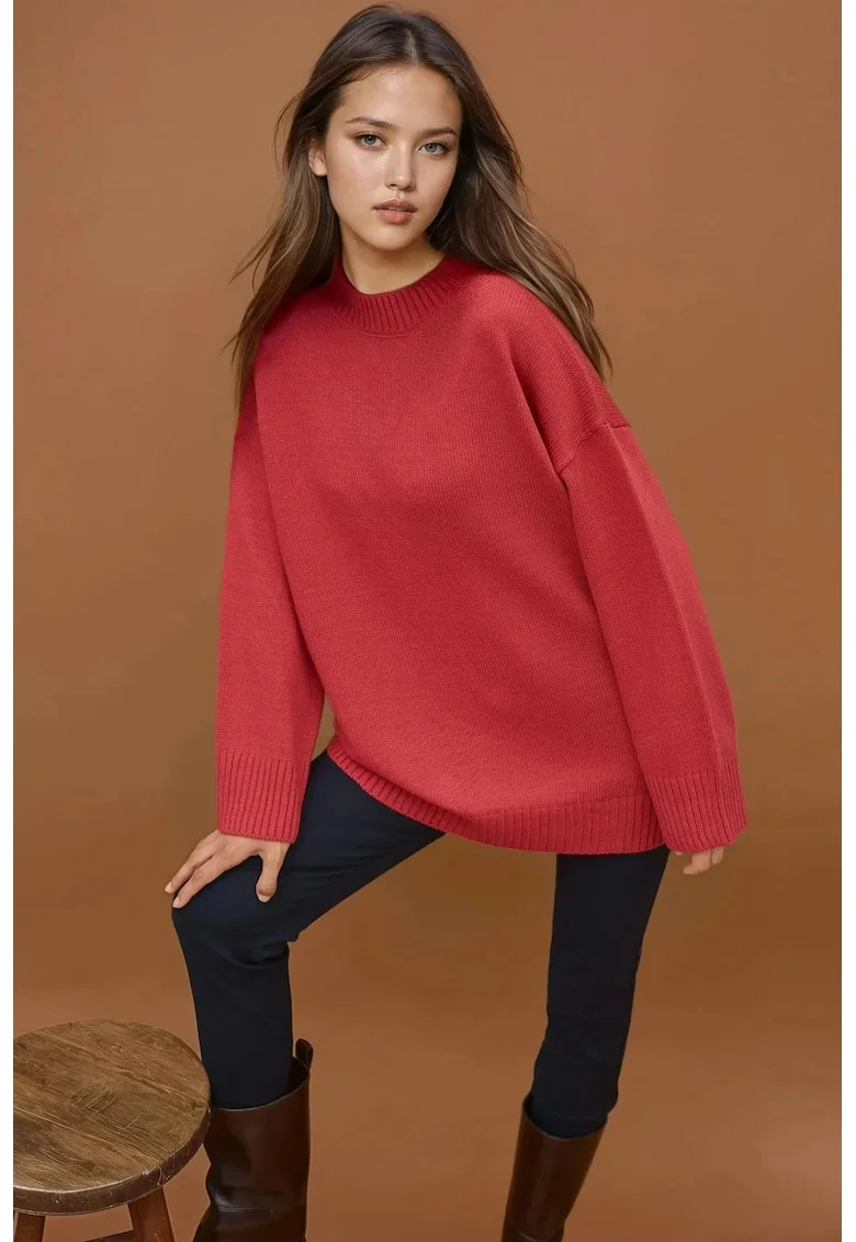 Pulover dama,  lung tricotat gros, guler rotund, rosu, tricot