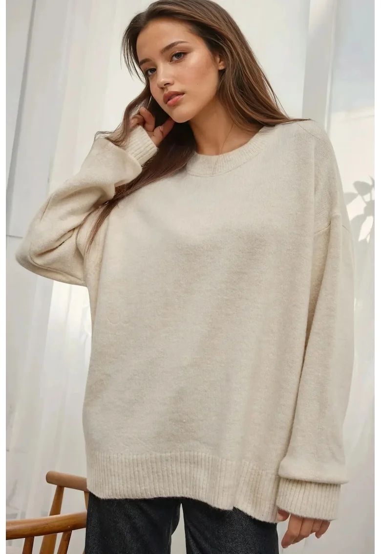 Pulover dama,  tricotat confortabil, guler rotund, tricot, Fildes Natural,