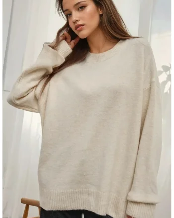 Pulover dama,  tricotat confortabil, guler rotund, tricot, Fildes Natural,