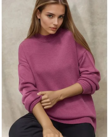 Pulover lung dama,  tricotat din material gros, guler rotund, roz prafuit, tricot