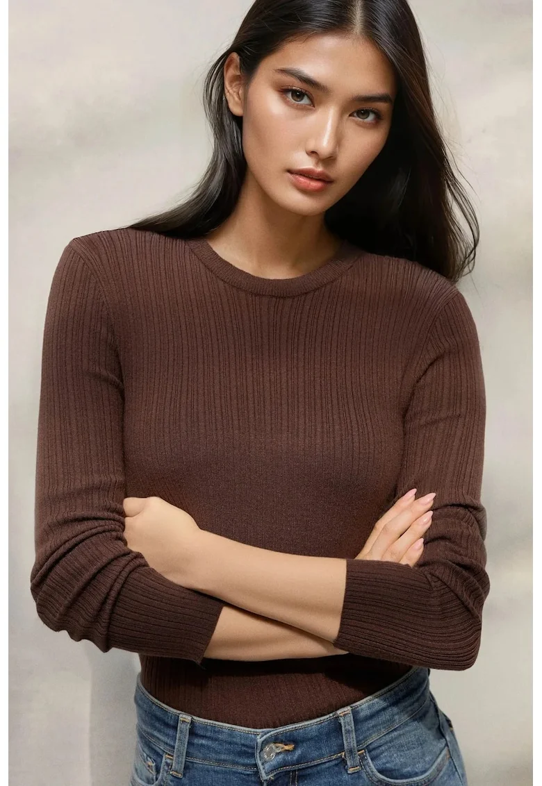 Pulover dama,  guler rotund, maro, tricot