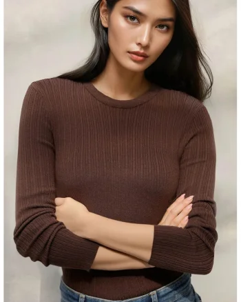 Pulover dama,  guler rotund, maro, tricot