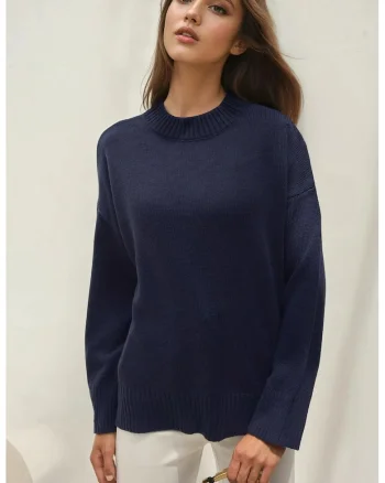 Pulover dama  guler rotund, albastru, tricot, confortabil